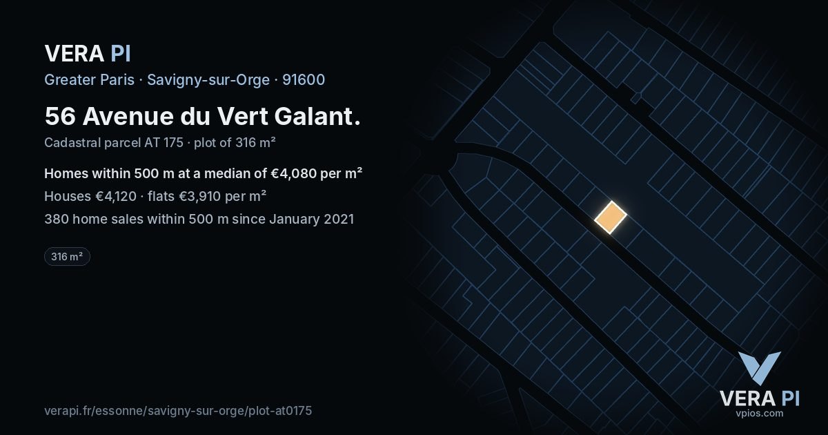 56 Avenue du Vert Galant, Savigny-sur-Orge at night – the plot lit, the parcels around coloured by the prices near them