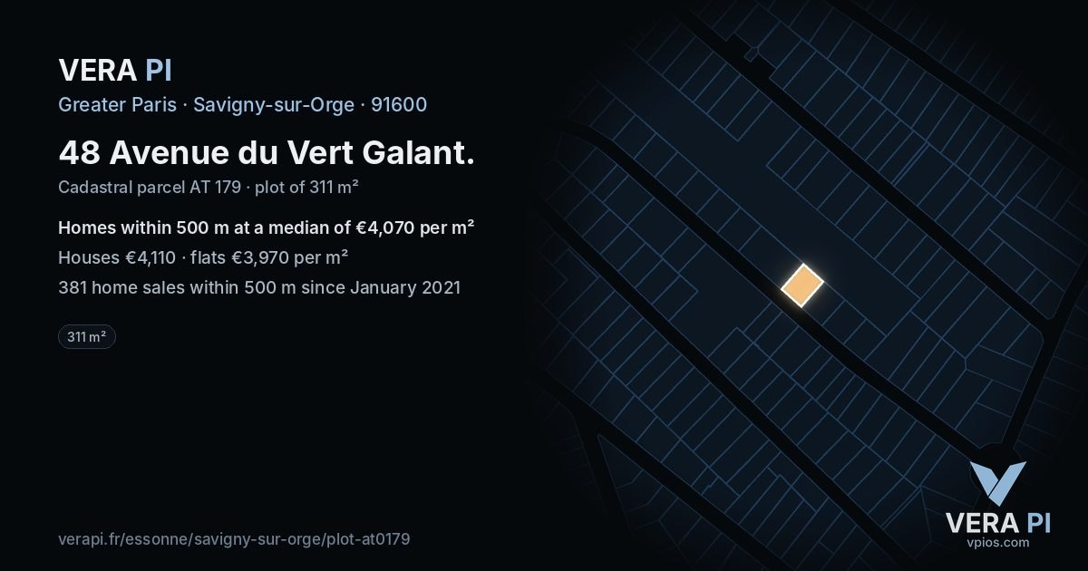 48 Avenue du Vert Galant, Savigny-sur-Orge at night – the plot lit, the parcels around coloured by the prices near them