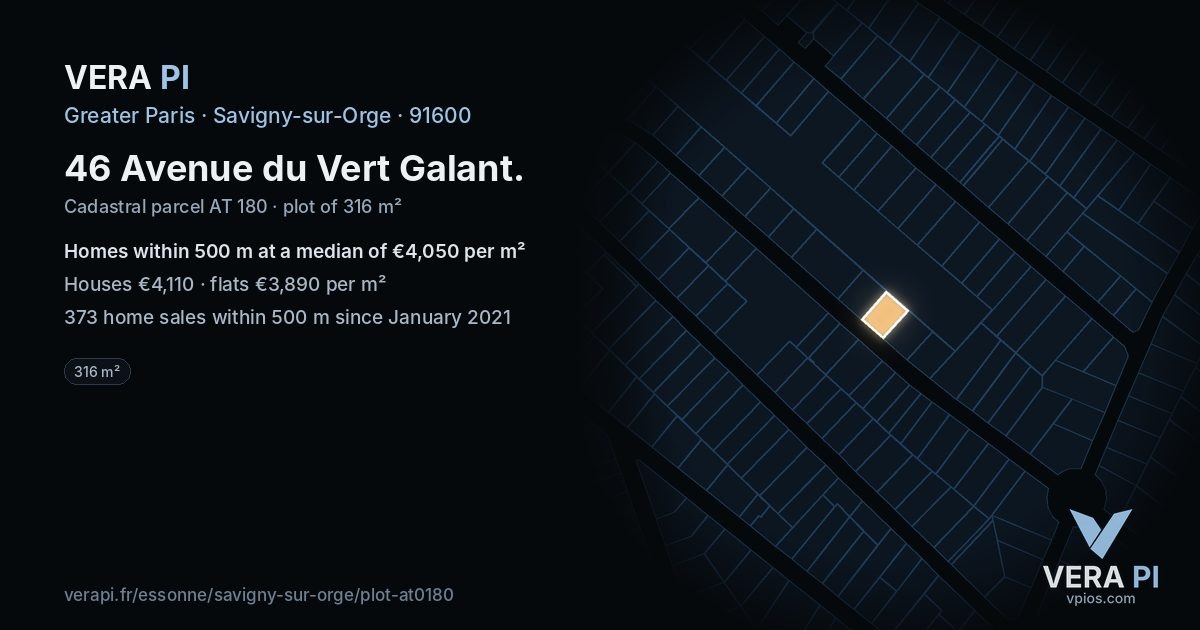 46 Avenue du Vert Galant, Savigny-sur-Orge at night – the plot lit, the parcels around coloured by the prices near them