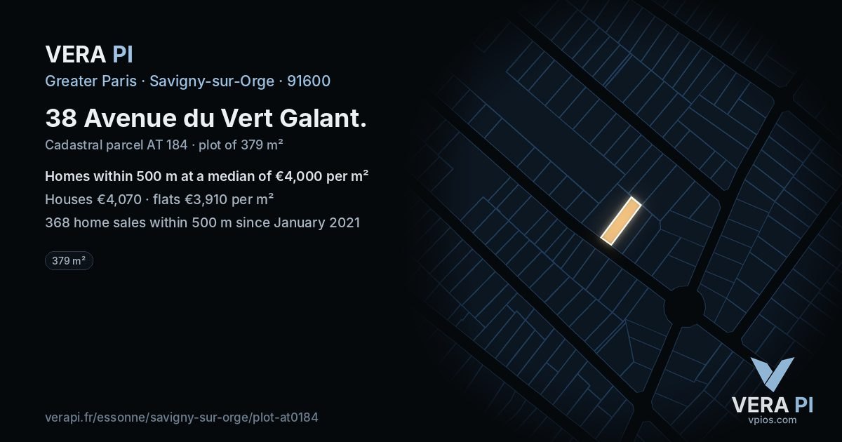 38 Avenue du Vert Galant, Savigny-sur-Orge at night – the plot lit, the parcels around coloured by the prices near them
