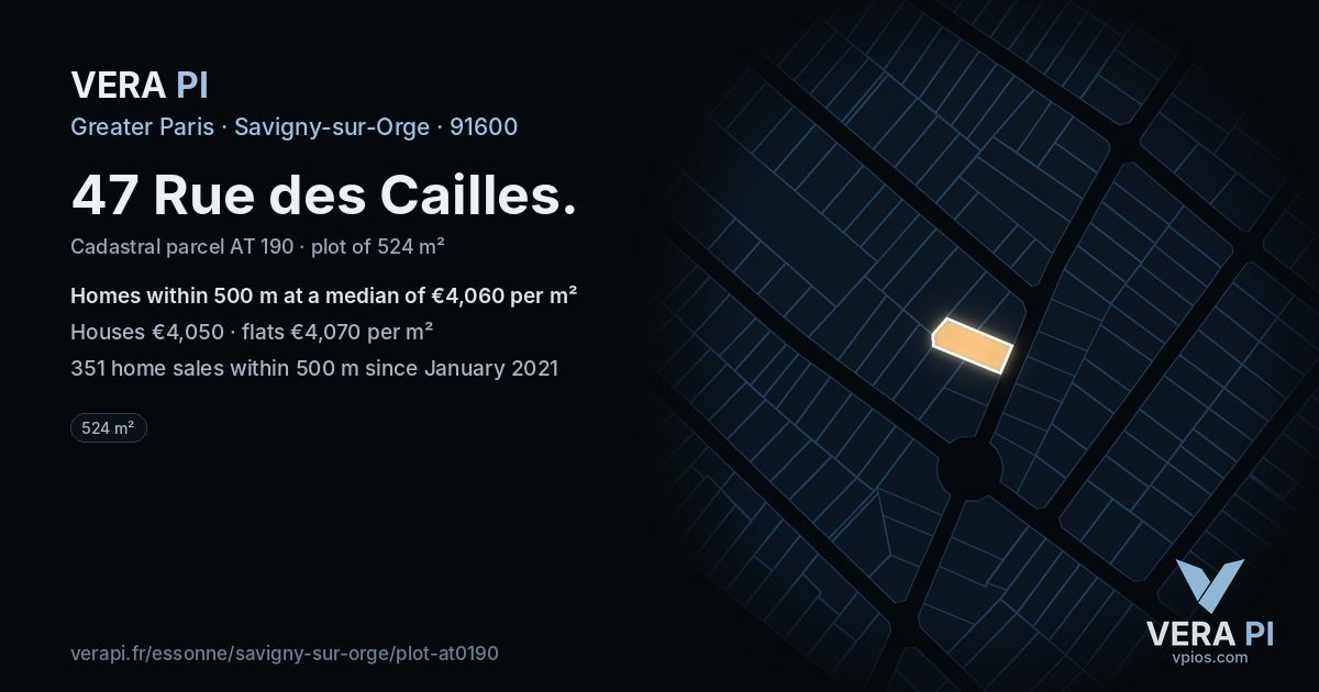 47 Rue des Cailles, Savigny-sur-Orge at night – the plot lit, the parcels around coloured by the prices near them