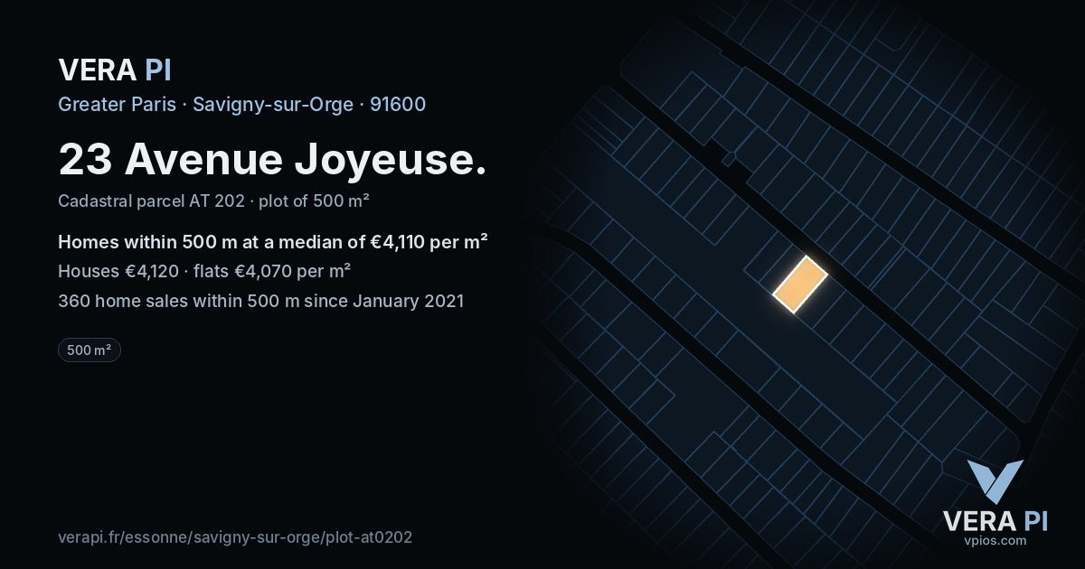 23 Avenue Joyeuse, Savigny-sur-Orge at night – the plot lit, the parcels around coloured by the prices near them