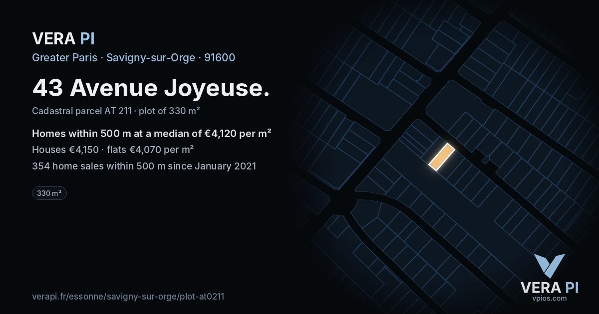 43 Avenue Joyeuse, Savigny-sur-Orge at night – the plot lit, the parcels around coloured by the prices near them