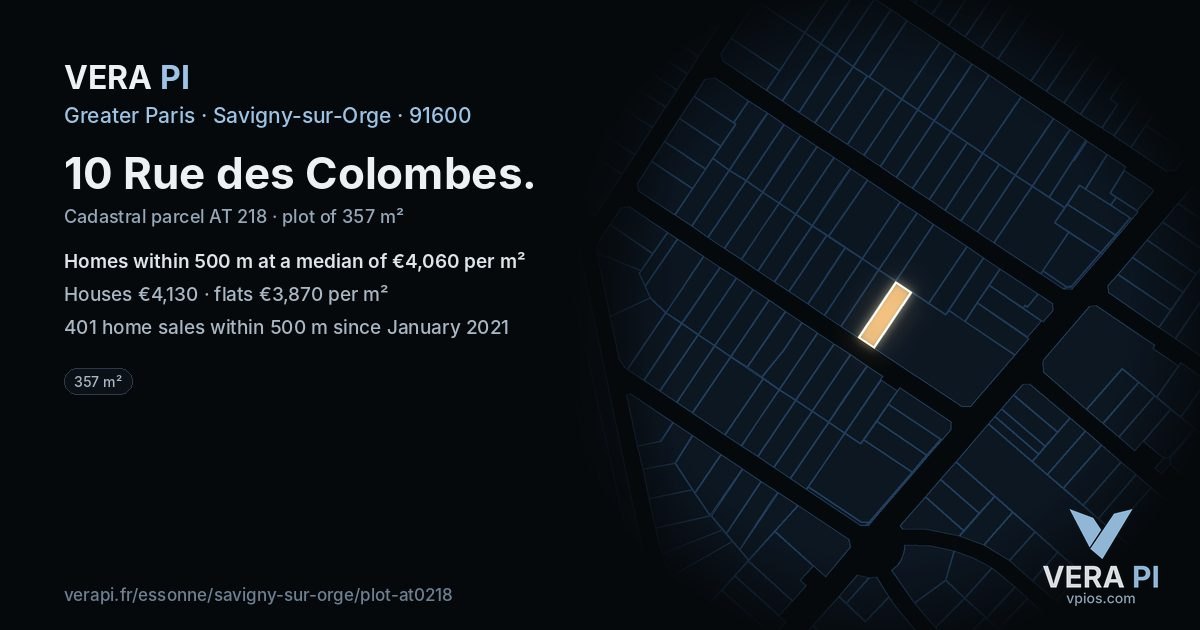 10 Rue des Colombes, Savigny-sur-Orge at night – the plot lit, the parcels around coloured by the prices near them