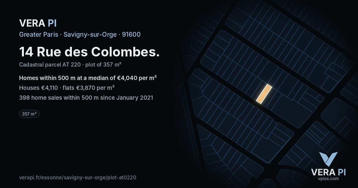 14 Rue des Colombes, Savigny-sur-Orge at night – the plot lit, the parcels around coloured by the prices near them