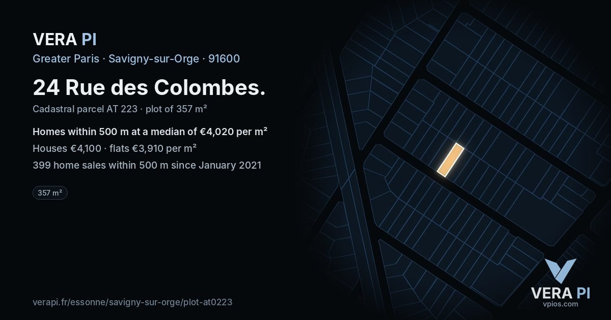 24 Rue des Colombes, Savigny-sur-Orge at night – the plot lit, the parcels around coloured by the prices near them