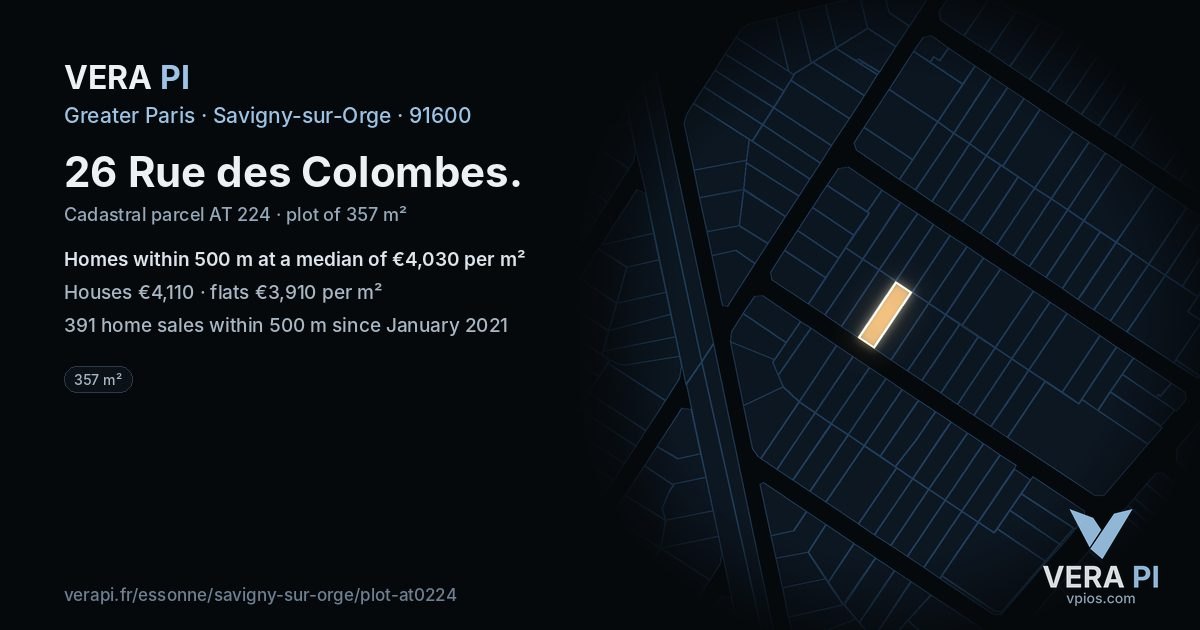 26 Rue des Colombes, Savigny-sur-Orge at night – the plot lit, the parcels around coloured by the prices near them