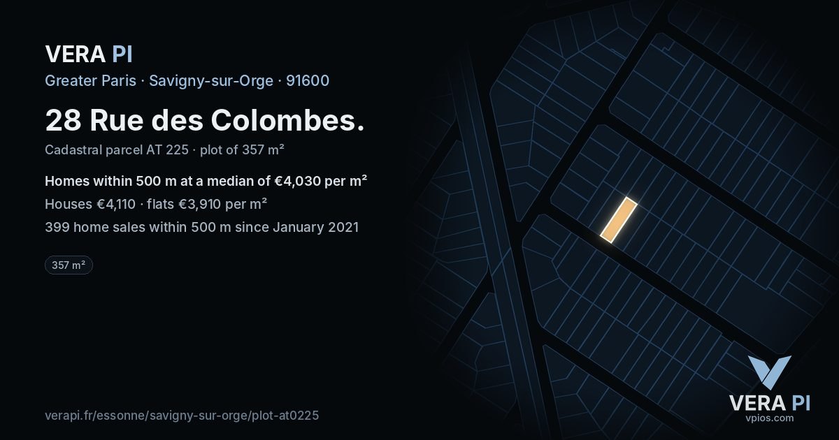 28 Rue des Colombes, Savigny-sur-Orge at night – the plot lit, the parcels around coloured by the prices near them