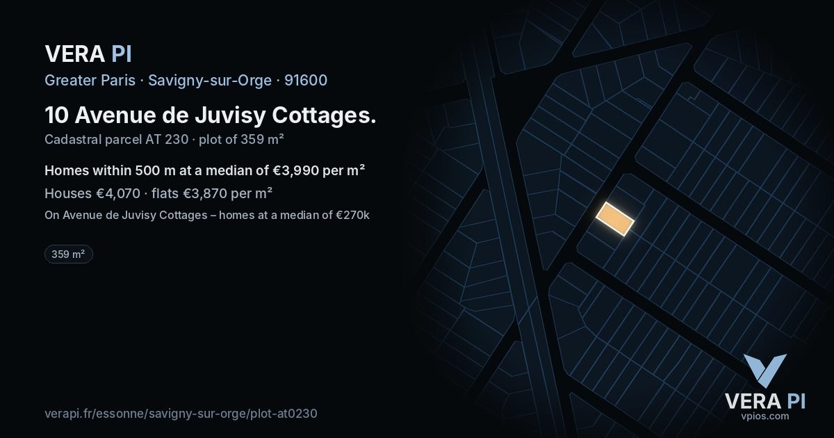 10 Avenue de Juvisy Cottages, Savigny-sur-Orge at night – the plot lit, the parcels around coloured by the prices near them