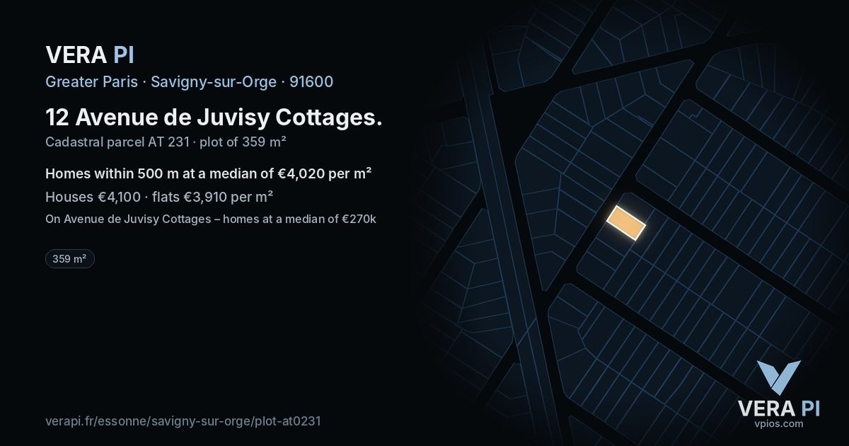 12 Avenue de Juvisy Cottages, Savigny-sur-Orge at night – the plot lit, the parcels around coloured by the prices near them
