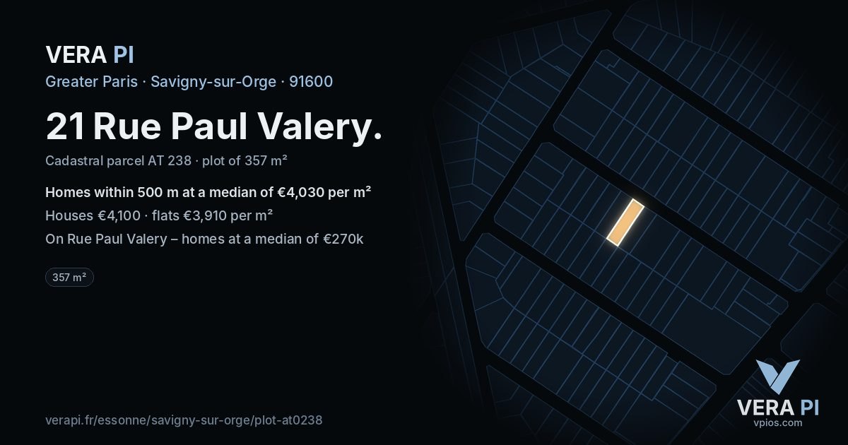 21 Rue Paul Valery, Savigny-sur-Orge at night – the plot lit, the parcels around coloured by the prices near them