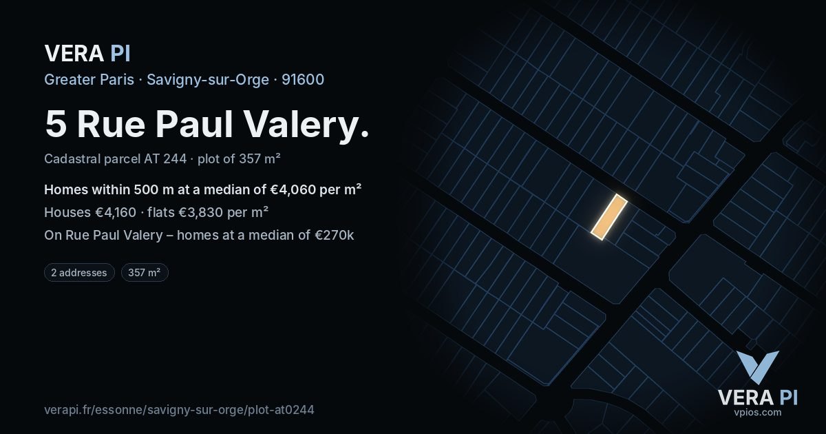 5 Rue Paul Valery, Savigny-sur-Orge at night – the plot lit, the parcels around coloured by the prices near them