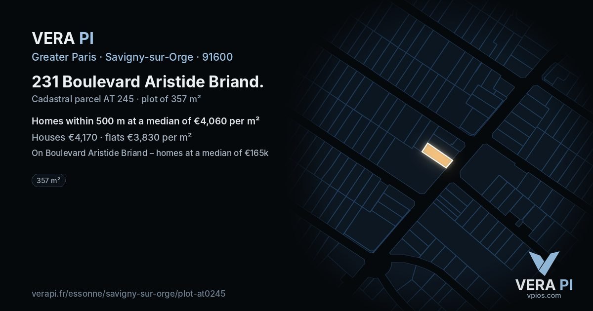 231 Boulevard Aristide Briand, Savigny-sur-Orge at night – the plot lit, the parcels around coloured by the prices near them