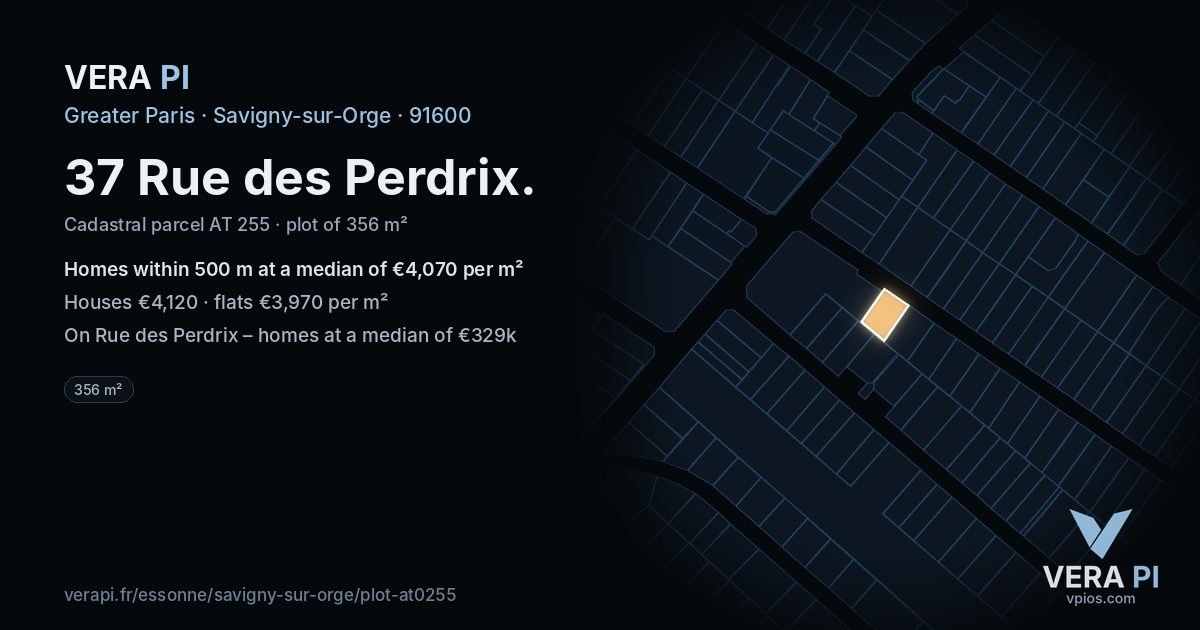 37 Rue des Perdrix, Savigny-sur-Orge at night – the plot lit, the parcels around coloured by the prices near them