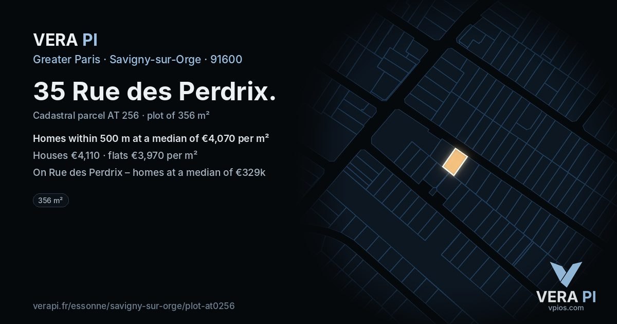 35 Rue des Perdrix, Savigny-sur-Orge at night – the plot lit, the parcels around coloured by the prices near them