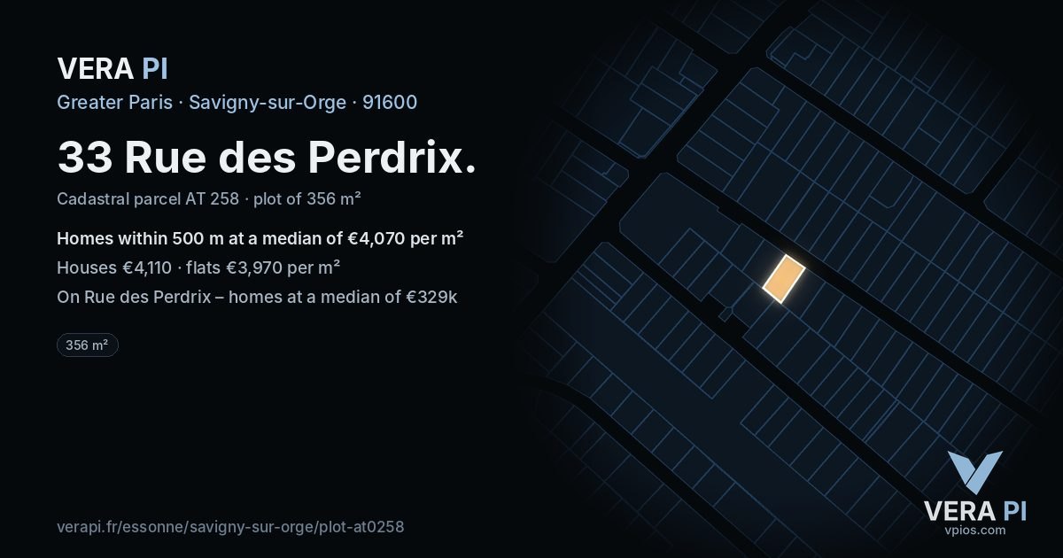 33 Rue des Perdrix, Savigny-sur-Orge at night – the plot lit, the parcels around coloured by the prices near them