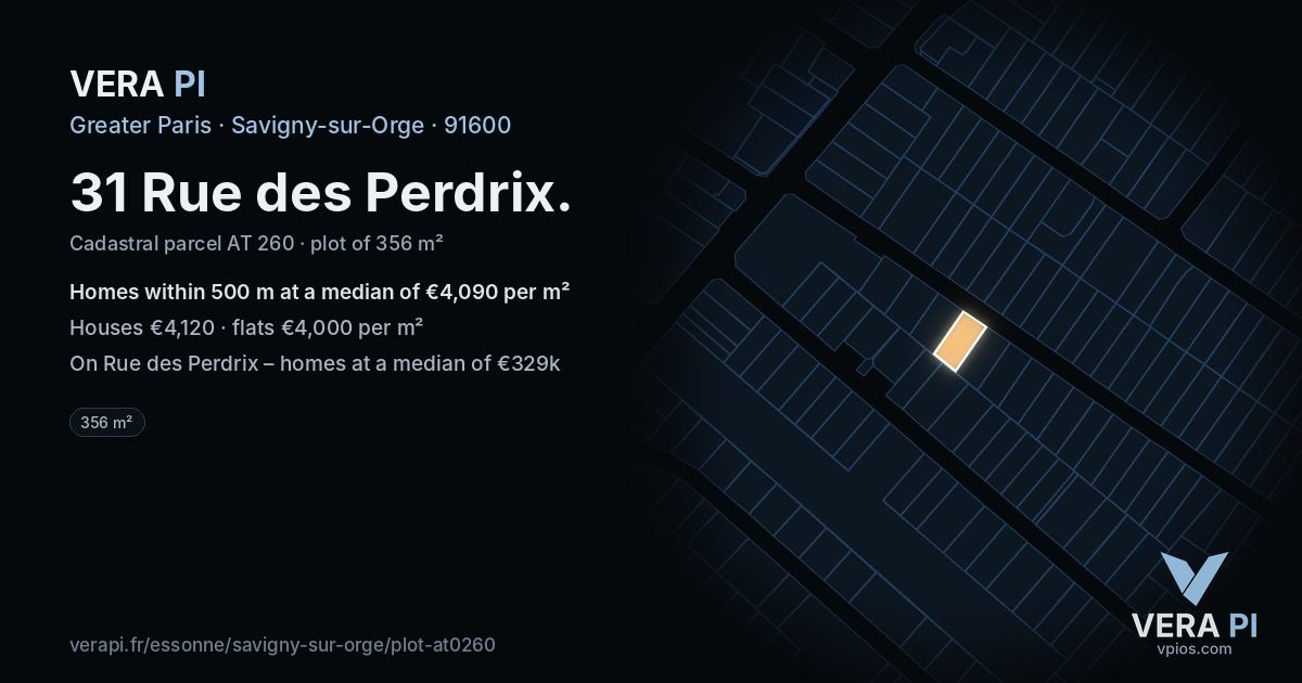 31 Rue des Perdrix, Savigny-sur-Orge at night – the plot lit, the parcels around coloured by the prices near them