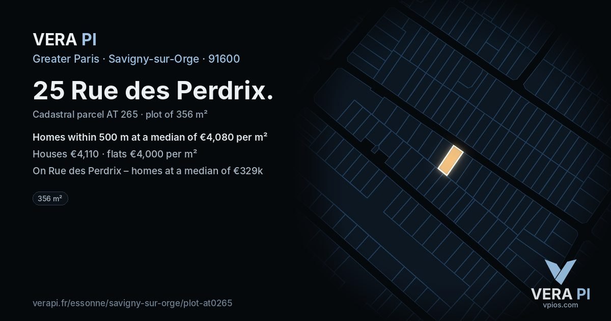 25 Rue des Perdrix, Savigny-sur-Orge at night – the plot lit, the parcels around coloured by the prices near them