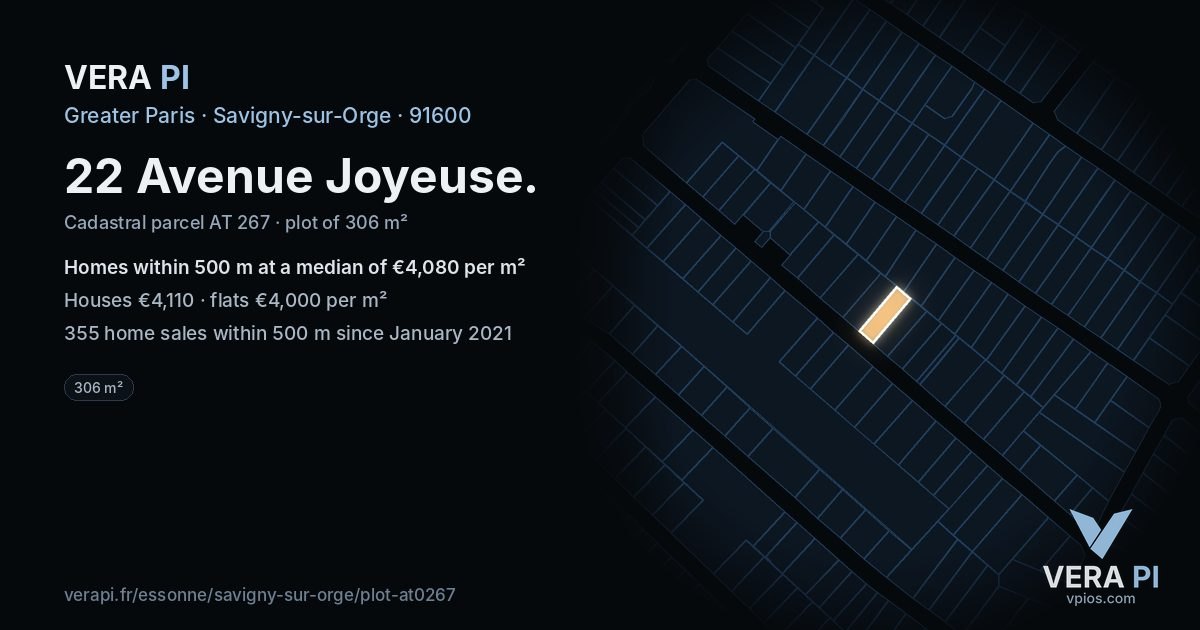 22 Avenue Joyeuse, Savigny-sur-Orge at night – the plot lit, the parcels around coloured by the prices near them