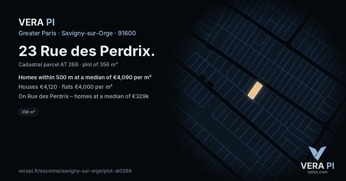 23 Rue des Perdrix, Savigny-sur-Orge at night – the plot lit, the parcels around coloured by the prices near them