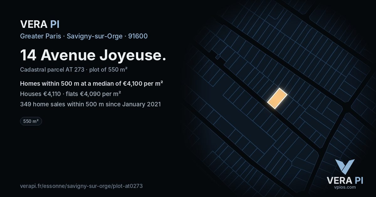 14 Avenue Joyeuse, Savigny-sur-Orge at night – the plot lit, the parcels around coloured by the prices near them