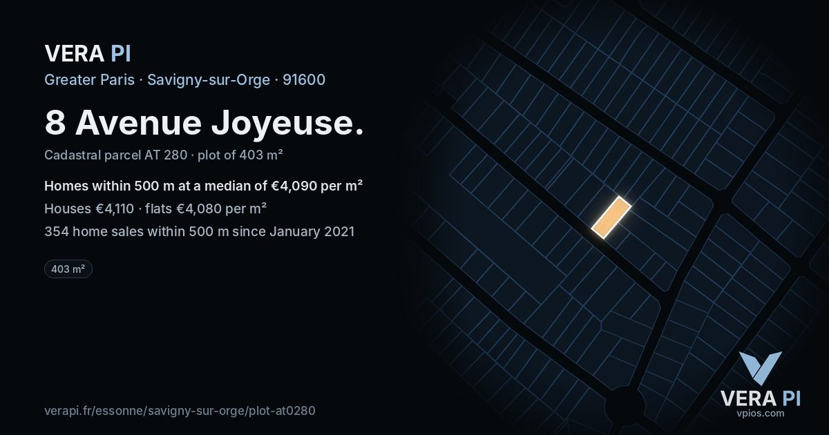 8 Avenue Joyeuse, Savigny-sur-Orge at night – the plot lit, the parcels around coloured by the prices near them