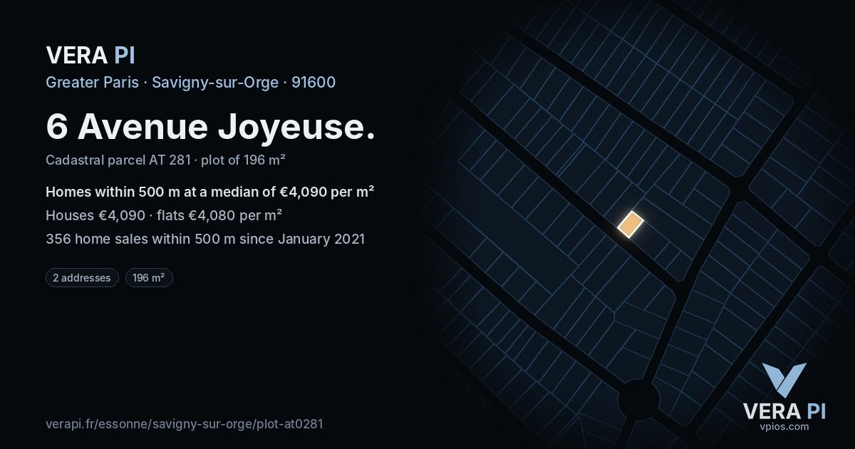 6 Avenue Joyeuse, Savigny-sur-Orge at night – the plot lit, the parcels around coloured by the prices near them