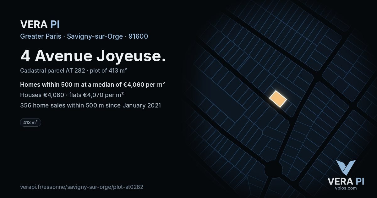 4 Avenue Joyeuse, Savigny-sur-Orge at night – the plot lit, the parcels around coloured by the prices near them