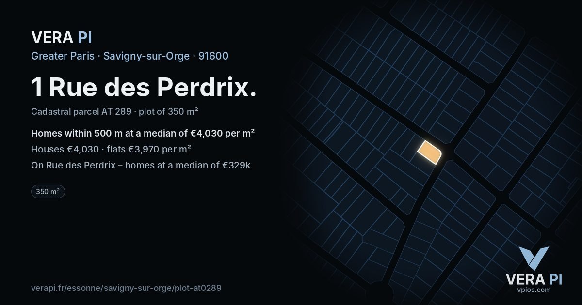 1 Rue des Perdrix, Savigny-sur-Orge at night – the plot lit, the parcels around coloured by the prices near them