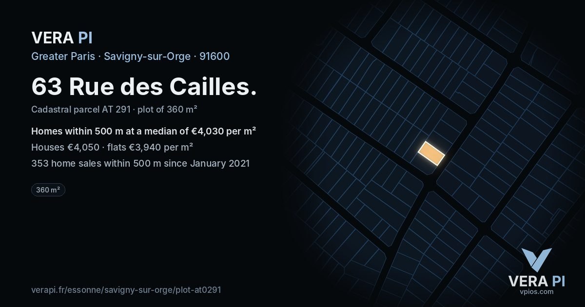 63 Rue des Cailles, Savigny-sur-Orge at night – the plot lit, the parcels around coloured by the prices near them