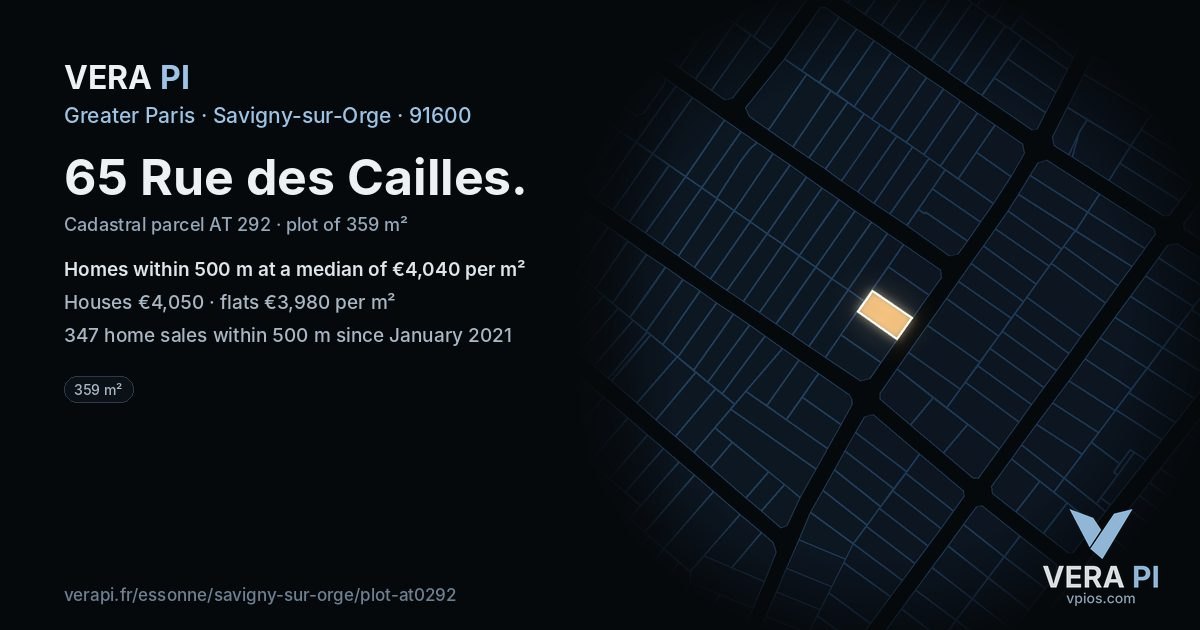 65 Rue des Cailles, Savigny-sur-Orge at night – the plot lit, the parcels around coloured by the prices near them