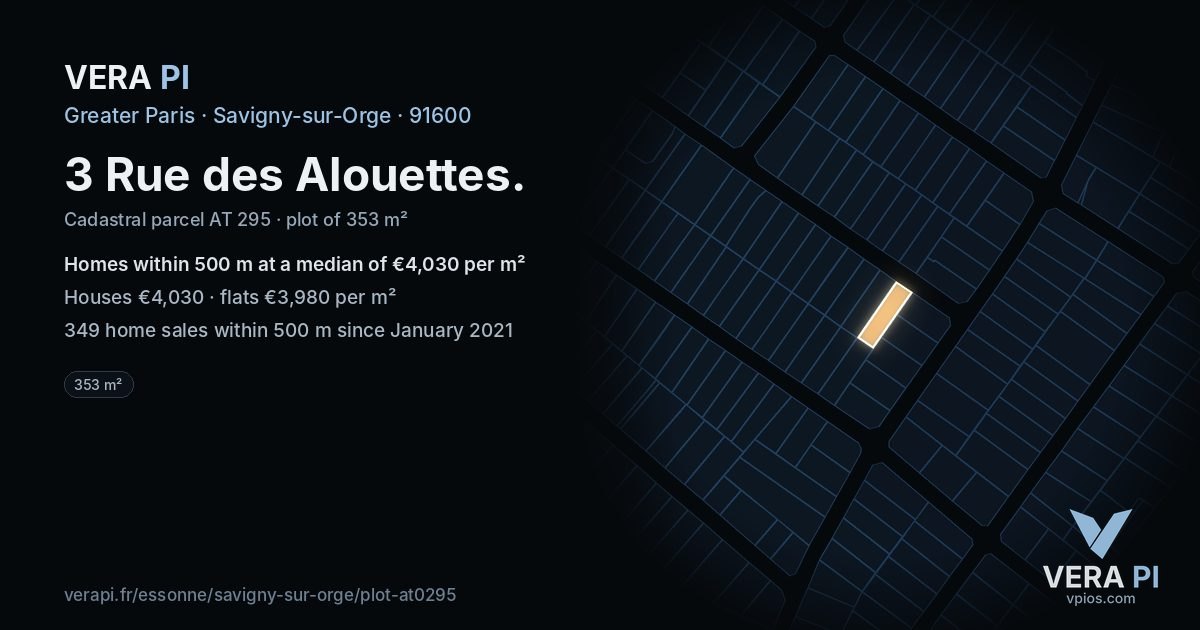 3 Rue des Alouettes, Savigny-sur-Orge at night – the plot lit, the parcels around coloured by the prices near them