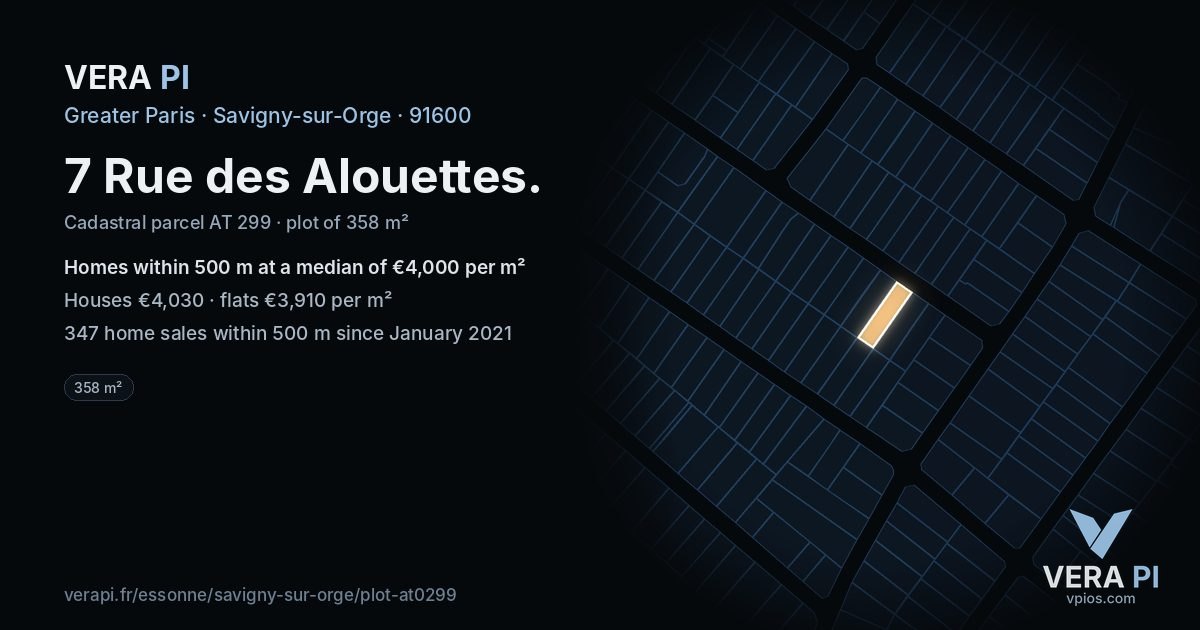 7 Rue des Alouettes, Savigny-sur-Orge at night – the plot lit, the parcels around coloured by the prices near them