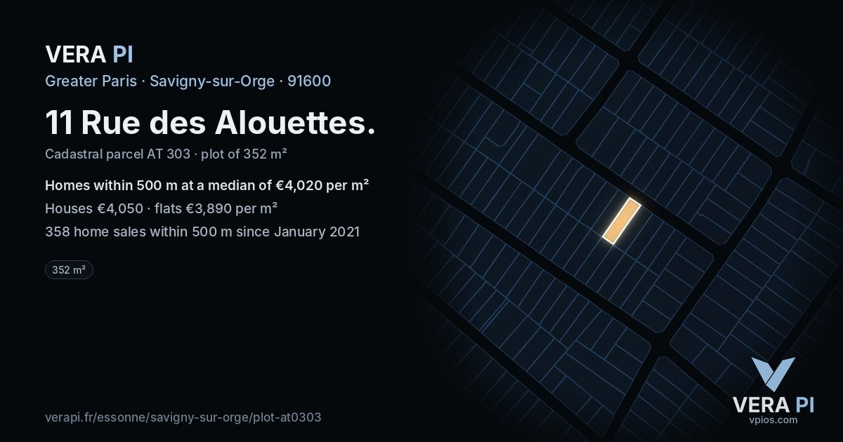 11 Rue des Alouettes, Savigny-sur-Orge at night – the plot lit, the parcels around coloured by the prices near them