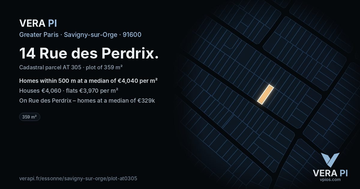 14 Rue des Perdrix, Savigny-sur-Orge at night – the plot lit, the parcels around coloured by the prices near them