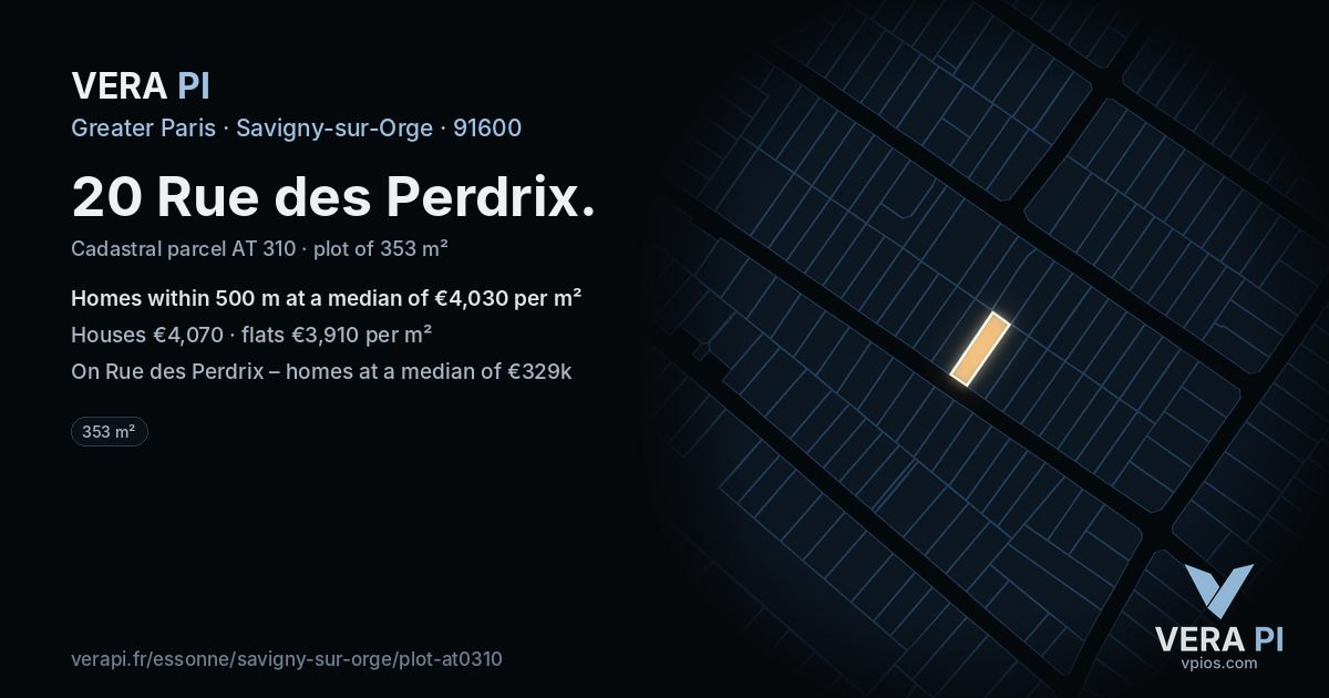 20 Rue des Perdrix, Savigny-sur-Orge at night – the plot lit, the parcels around coloured by the prices near them