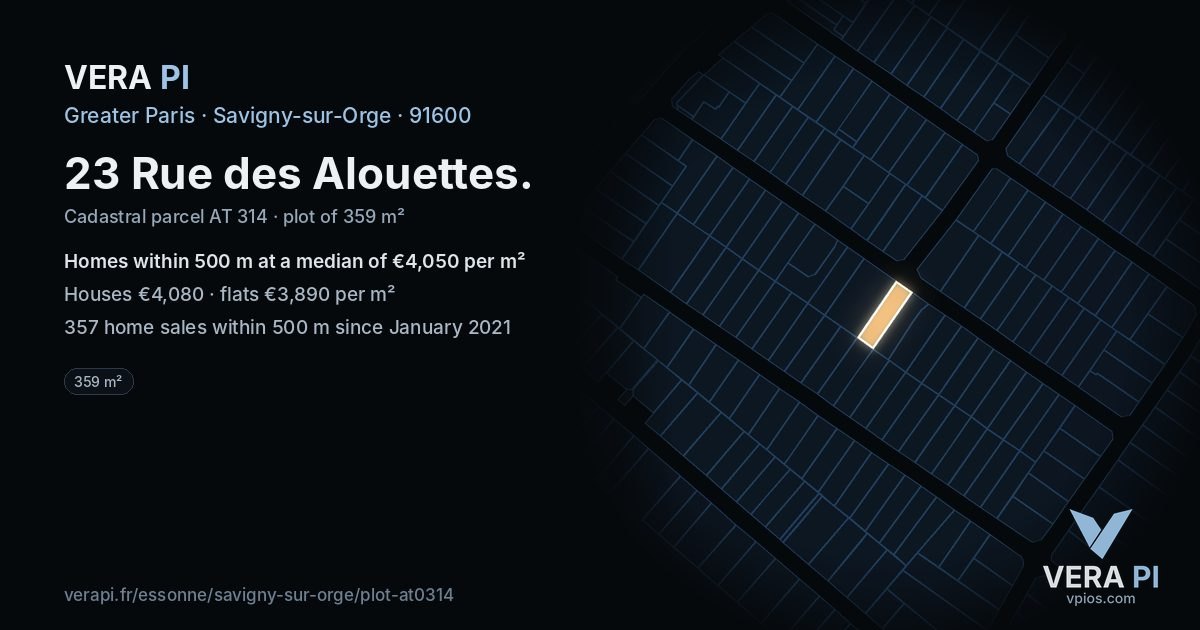 23 Rue des Alouettes, Savigny-sur-Orge at night – the plot lit, the parcels around coloured by the prices near them