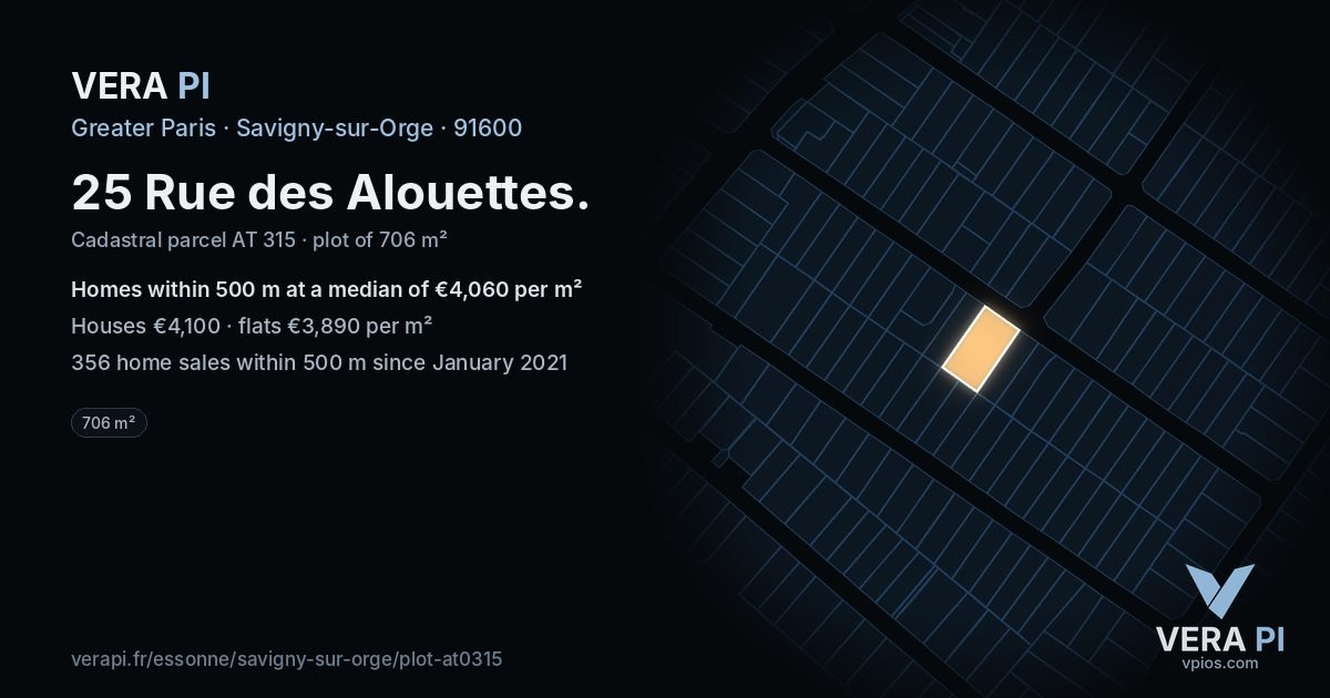 25 Rue des Alouettes, Savigny-sur-Orge at night – the plot lit, the parcels around coloured by the prices near them