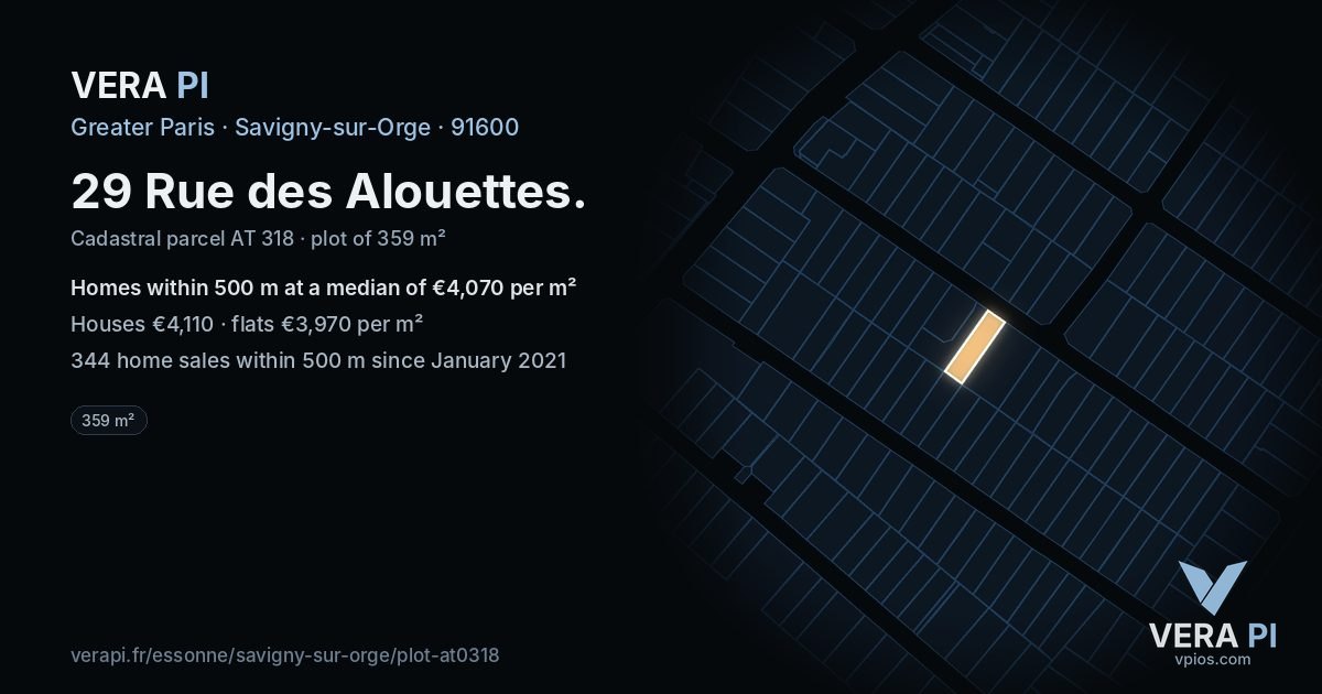 29 Rue des Alouettes, Savigny-sur-Orge at night – the plot lit, the parcels around coloured by the prices near them