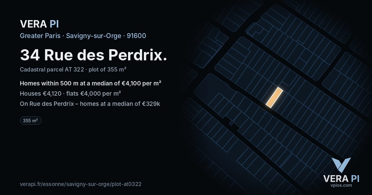 34 Rue des Perdrix, Savigny-sur-Orge at night – the plot lit, the parcels around coloured by the prices near them