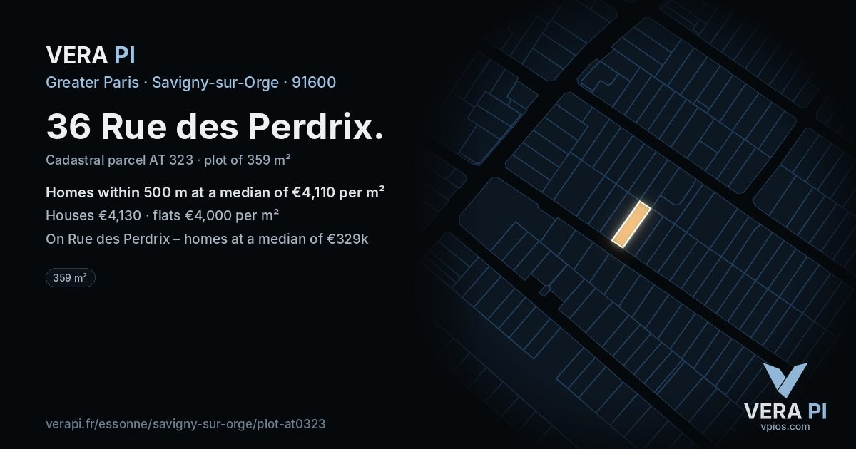 36 Rue des Perdrix, Savigny-sur-Orge at night – the plot lit, the parcels around coloured by the prices near them