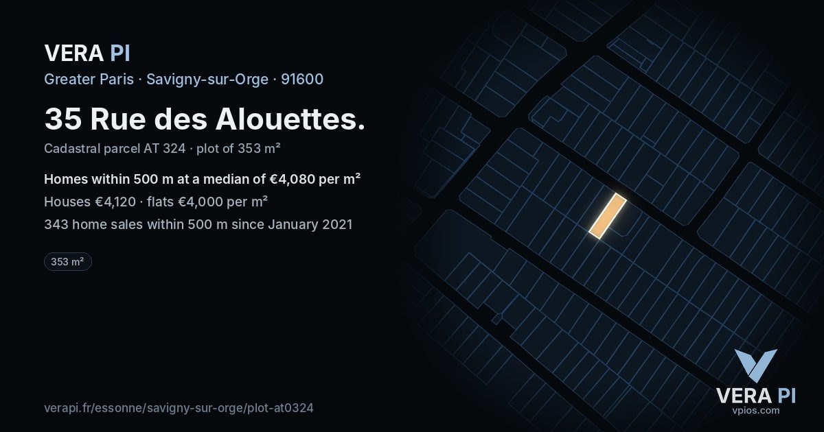 35 Rue des Alouettes, Savigny-sur-Orge at night – the plot lit, the parcels around coloured by the prices near them