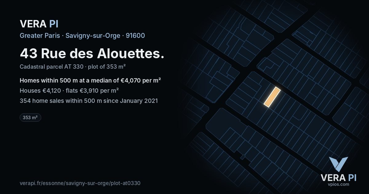 43 Rue des Alouettes, Savigny-sur-Orge at night – the plot lit, the parcels around coloured by the prices near them