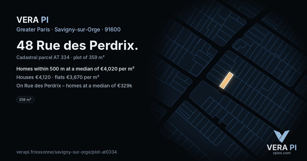 48 Rue des Perdrix, Savigny-sur-Orge at night – the plot lit, the parcels around coloured by the prices near them