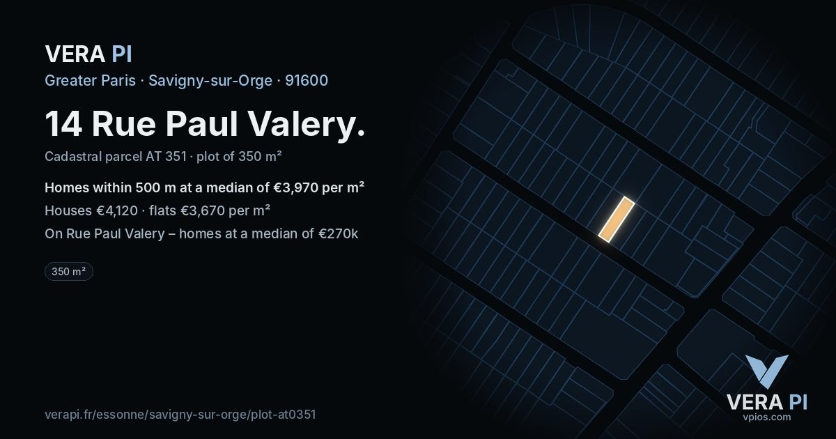 14 Rue Paul Valery, Savigny-sur-Orge at night – the plot lit, the parcels around coloured by the prices near them