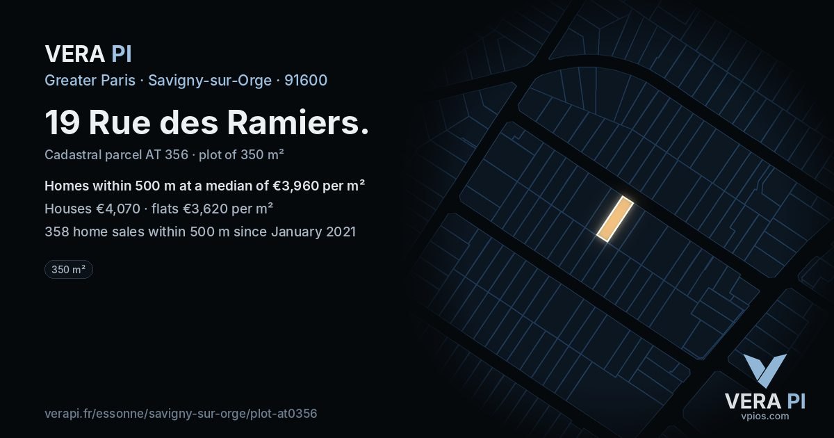 19 Rue des Ramiers, Savigny-sur-Orge at night – the plot lit, the parcels around coloured by the prices near them