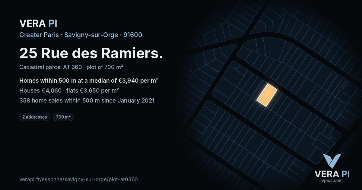 25 Rue des Ramiers, Savigny-sur-Orge at night – the plot lit, the parcels around coloured by the prices near them