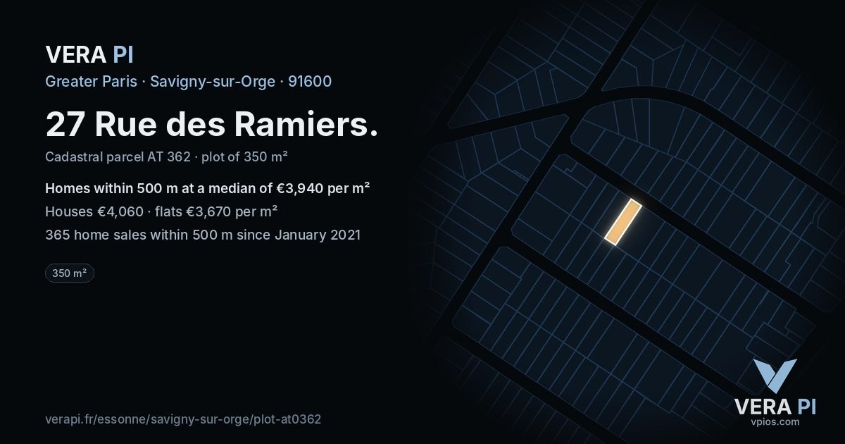 27 Rue des Ramiers, Savigny-sur-Orge at night – the plot lit, the parcels around coloured by the prices near them