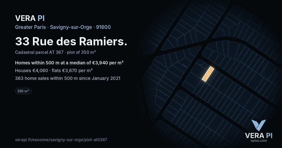 33 Rue des Ramiers, Savigny-sur-Orge at night – the plot lit, the parcels around coloured by the prices near them