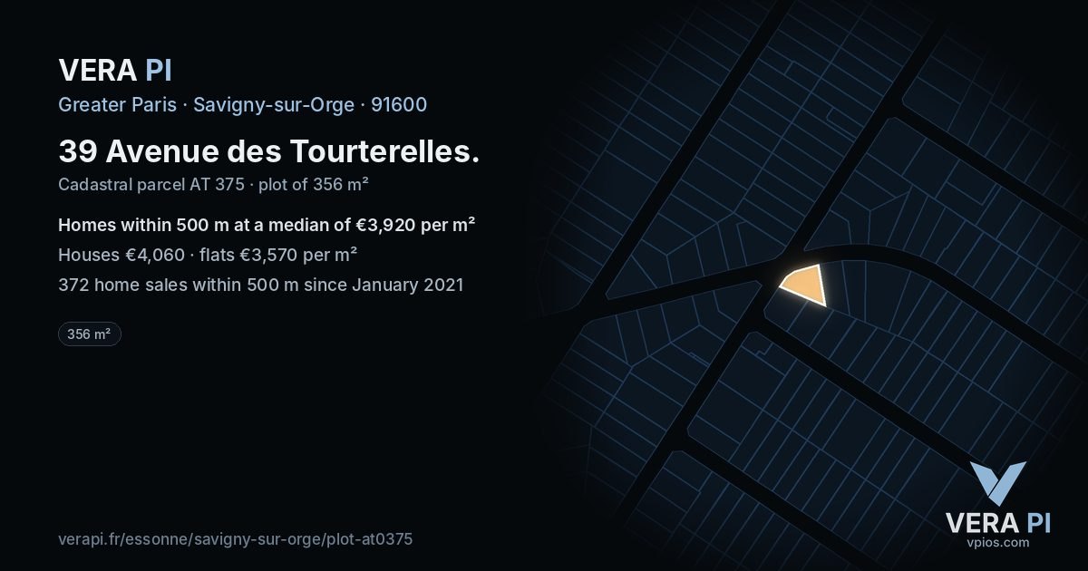 39 Avenue des Tourterelles, Savigny-sur-Orge at night – the plot lit, the parcels around coloured by the prices near them